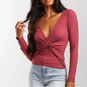 Buckle Pink Wrap Blouse with Long Sleeves and Fitted Style